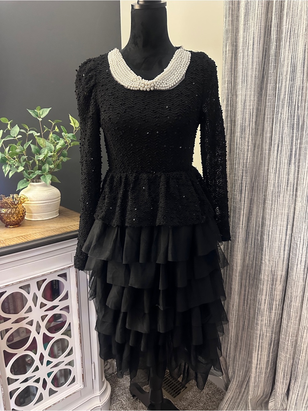Dainty Jewells Black Pearl-Trim Long-Sleeve Layered Tulle Dress